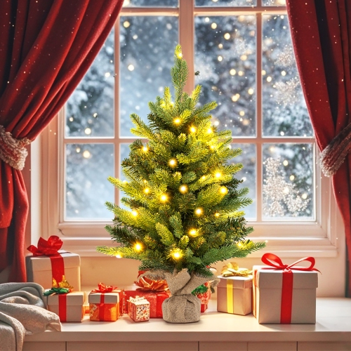 Gymax 24'' Mini Pre-Lit Christmas Tree Small Tabletop Fir Xmas Tree w/ 35 LED Lights