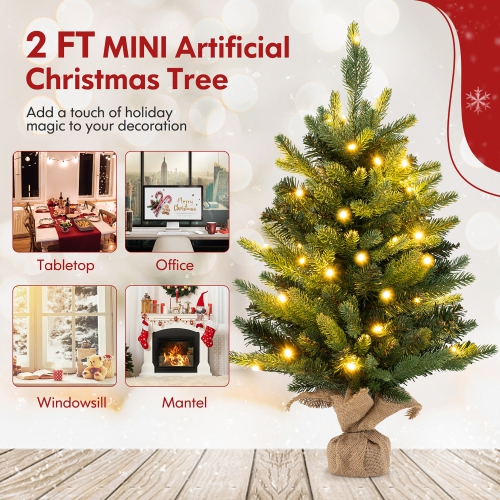 Gymax 24'' Mini Pre-Lit Christmas Tree Small Tabletop Fir Xmas Tree w/ 35 LED Lights