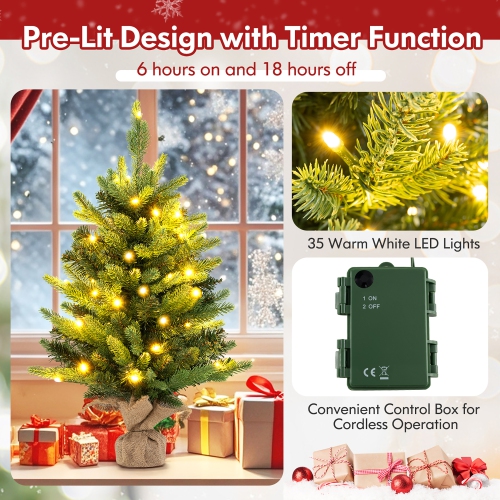Gymax 24'' Mini Pre-Lit Christmas Tree Small Tabletop Fir Xmas Tree w/ 35 LED Lights