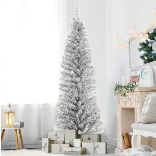 GYMAX  6Ft Pencil Artificial Christmas Tree (Blue/champagne/silver)