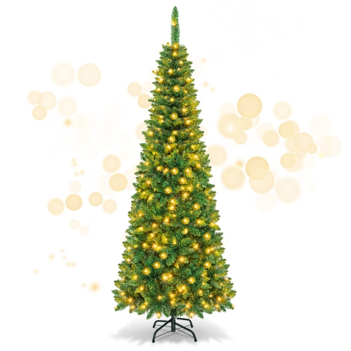 GYMAX  4.5Ft/6.5Ft/7.5Ft Pre-Lit Pencil Christmas Tree Traditional Indoor