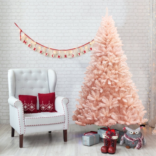 Gymax 6ft/ 7ft Pink Classic Pine Christmas Tree Artificial Hinged Tips
