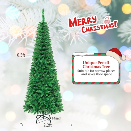 Gymax 6.5ft Pre-Lit Pencil Christmas Tree Hinged PVC Tree w/ 250 Colorful LED Lights