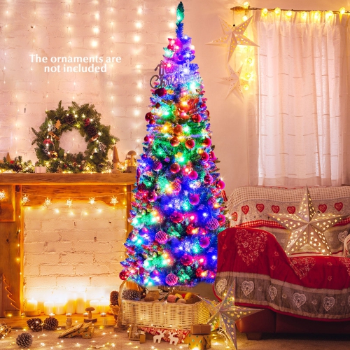 Gymax 6.5ft Pre-Lit Pencil Christmas Tree Hinged PVC Tree w/ 250 Colorful LED Lights