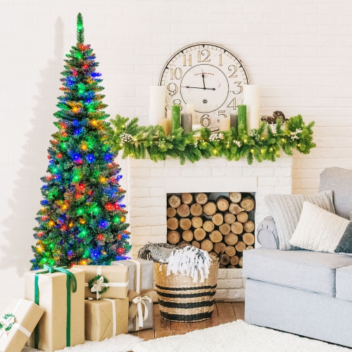 Gymax 6.5ft Pre-Lit Pencil Christmas Tree Hinged PVC Tree w/ 250 Colorful LED Lights