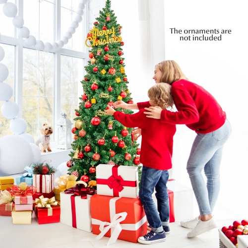 Gymax 6.5ft Pre-Lit Pencil Christmas Tree Hinged PVC Tree w/ 250 Colorful LED Lights