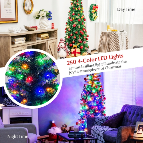 Gymax 6.5ft Pre-Lit Pencil Christmas Tree Hinged PVC Tree w/ 250 Colorful LED Lights