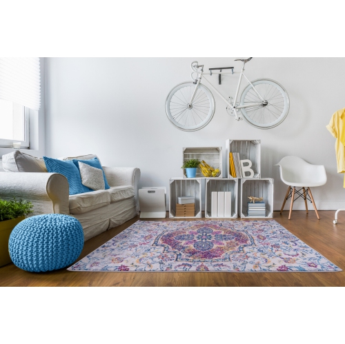 Ladole Rugs Maya Traditional Design Polypropylene Area Rug Carpet in Blue Pink, 5x8