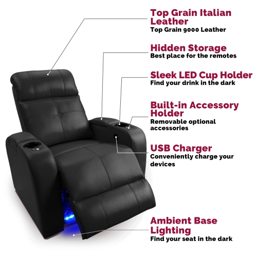Valencia Verona Premium Top Grain 9000 Leather Single Power Recliner LED Lighting Home theatre Seating