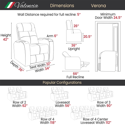 Valencia Verona Premium Top Grain 9000 Leather Single Power Recliner LED Lighting Home theatre Seating