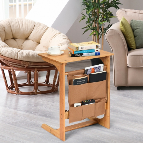Gymax Bamboo Sofa Table Laptop Desk Coffee Snack End Table Bedside Table W/Storage Bag