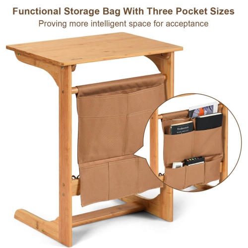 Gymax Bamboo Sofa Table Laptop Desk Coffee Snack End Table Bedside Table W/Storage Bag