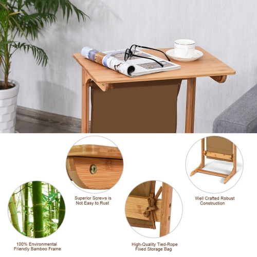 Gymax Bamboo Sofa Table Laptop Desk Coffee Snack End Table Bedside Table W/Storage Bag