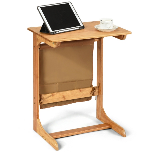 Gymax Bamboo Sofa Table Laptop Desk Coffee Snack End Table Bedside Table W/Storage Bag
