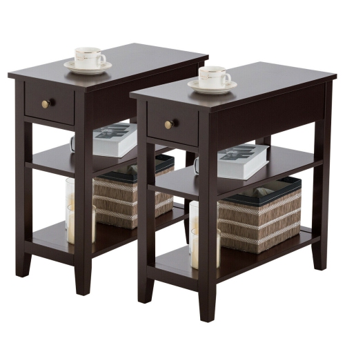 Gymax Set of 2 3-Tier Nightstand Bedside Side End Table w/Double Shelves Drawer Brown