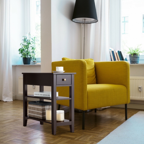 Gymax Set of 2 3-Tier Nightstand Bedside Side End Table w/Double Shelves Drawer Brown