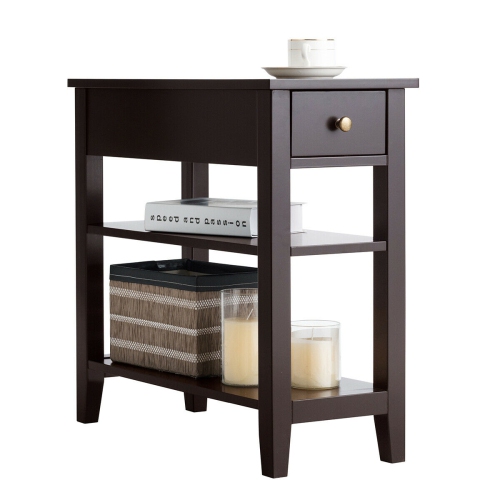 Gymax Set of 2 3-Tier Nightstand Bedside Side End Table w/Double Shelves Drawer Brown