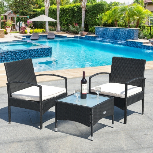GYMAX  3 PCs Patio Wicker Rattan Furniture Set Coffee Table & 2 Rattan Chair W/cushion