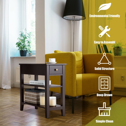 Gymax 3 Tier Nightstand Bedside Table Sofa Side End Table w/Double Shelves Drawer Brown