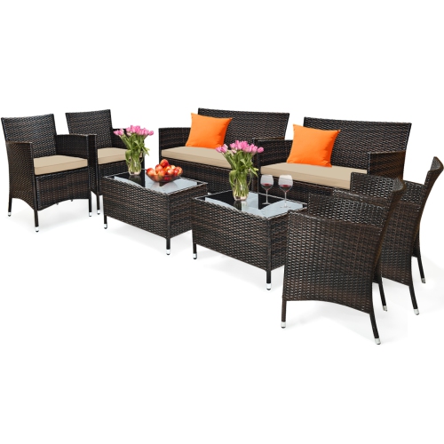 GYMAX  8 PCs Patio Garden Rattan Furniture Set Coffee Table Cushioned Sofa In Brown