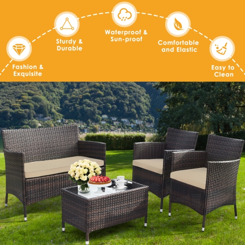 Gymax 8 PCS Patio Garden Rattan Furniture Set Coffee Table Cushioned Sofa Brown
