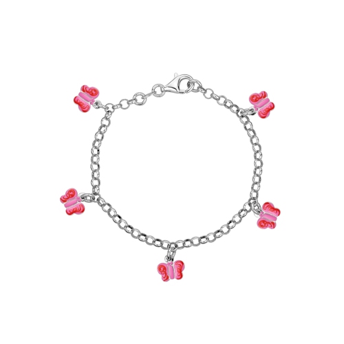 Calvas 925 Sterling Silver Fashion Round Purple Crystal Pink Butterfly Enamel Beads Fit for Women Charm Bracelet DIY Jewelry 