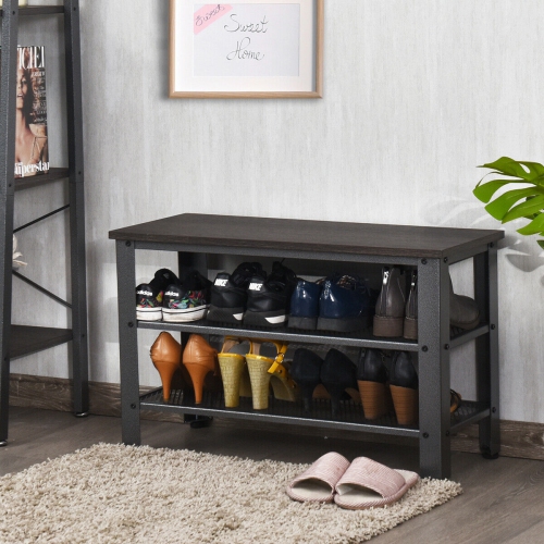 Gymax 3-Tier Shoe Rack Industrial Shoe Bench with Storage Shelves for LivingRoom Grey