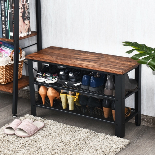 Gymax 3-Tier Shoe Rack Industrial Shoe Bench with Storage Shelves for LivingRoom Brown