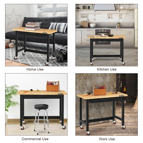 Gymax 48 Inch Mobile Garage Workbench Bamboo Top with Casters and Organizer Drawer