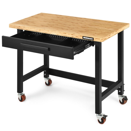 Gymax 48 Inch Mobile Garage Workbench Bamboo Top with Casters and Organizer Drawer