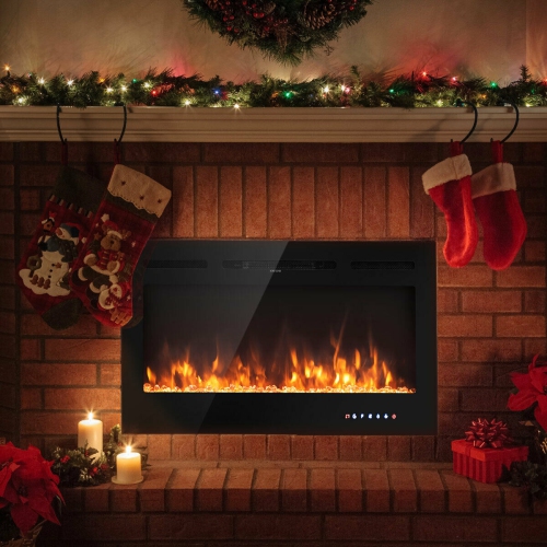 Gymax 40'' Electric Fireplace Recessed and Wall Mounted 750W/1500W W/ Multicolor Flame