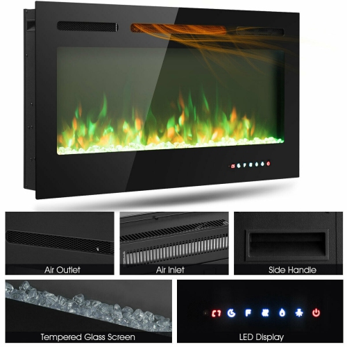 Gymax 40'' Electric Fireplace Recessed and Wall Mounted 750W/1500W W/ Multicolor Flame