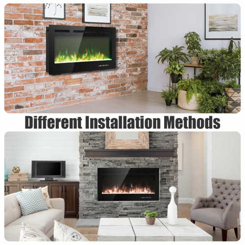 Gymax 40'' Electric Fireplace Recessed and Wall Mounted 750W/1500W W/ Multicolor Flame