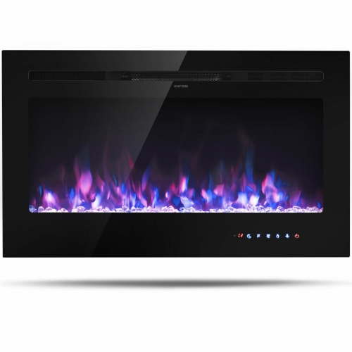 GYMAX  36" Electric Fireplace Recessed And Wall Mounted 750W/1500W W/ Multicolor Flame