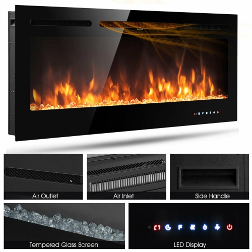 Gymax 50'' Electric Fireplace Recessed and Wall Mounted 750W/1500W W/ Multicolor Flame