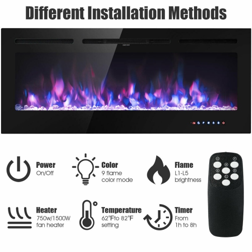 Gymax 50'' Electric Fireplace Recessed and Wall Mounted 750W/1500W W/ Multicolor Flame