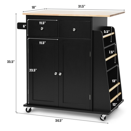 Gymax Rolling Kitchen Island Utility Trolley Cabinet Storage Spice Towel Rack Black