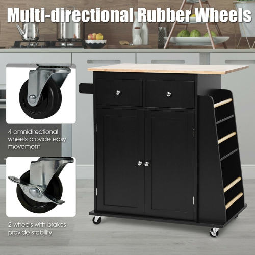 Gymax Rolling Kitchen Island Utility Trolley Cabinet Storage Spice Towel Rack Black