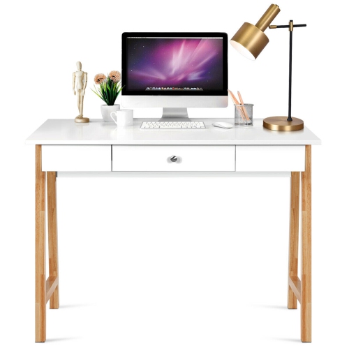 Gymax Computer Desk Laptop PC Writing Table Makeup Vanity Table w/Drawer and Wood Legs