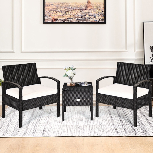 Gymax 3PCS Rattan Patio Conversation Set Outdoor Furniture Set w/ Storage Table