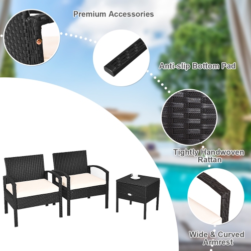 Gymax 3PCS Rattan Patio Conversation Set Outdoor Furniture Set w/ Storage Table