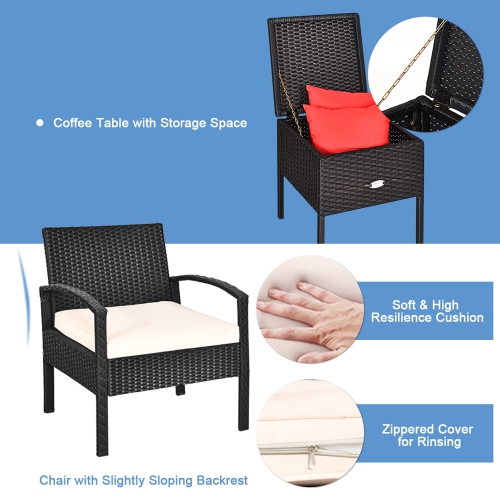Gymax 3PCS Rattan Patio Conversation Set Outdoor Furniture Set w/ Storage Table