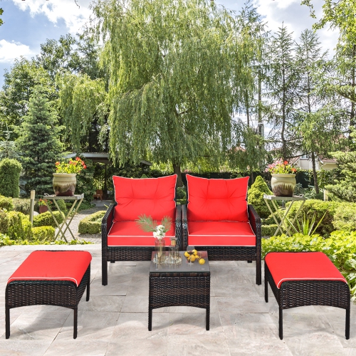 Gymax 5PCS Patio Set Sectional Rattan Wicker Furniture Set w/ Red Cushion