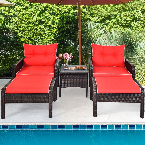 Gymax 5PCS Patio Set Sectional Rattan Wicker Furniture Set w/ Red Cushion