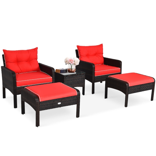 Gymax 5PCS Patio Set Sectional Rattan Wicker Furniture Set w/ Red Cushion