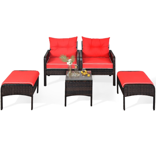 Gymax 5PCS Patio Set Sectional Rattan Wicker Furniture Set w/ Red Cushion