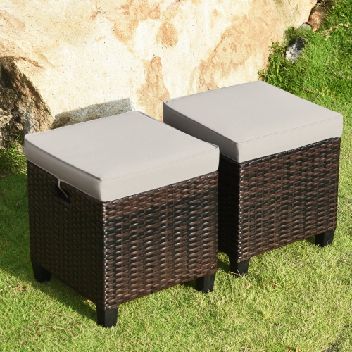 GYMAX  Set Of 2 Patio Rattan Ottoman Footrest Garden Outdoor W/ Cushion In Brown