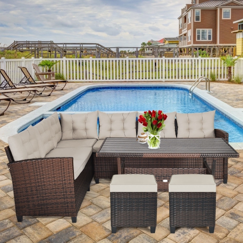 Gymax Set of 2 Patio Rattan Ottoman Footrest Garden Outdoor w/ Brown Cushion