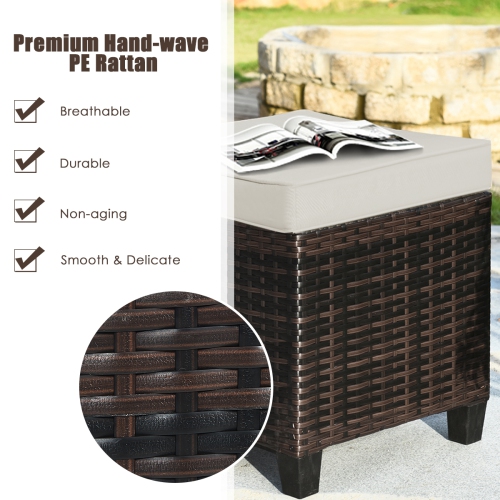 Gymax Set of 2 Patio Rattan Ottoman Footrest Garden Outdoor w/ Brown Cushion