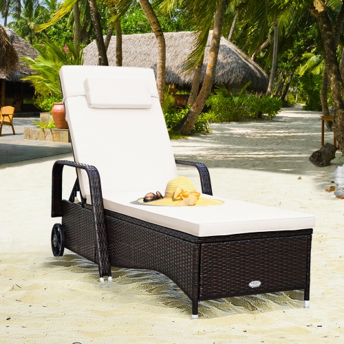 Gymax 2PCS Cushioned Outdoor Wicker Chaise Lounge Chair w/ Wheel Adjustable Backrest